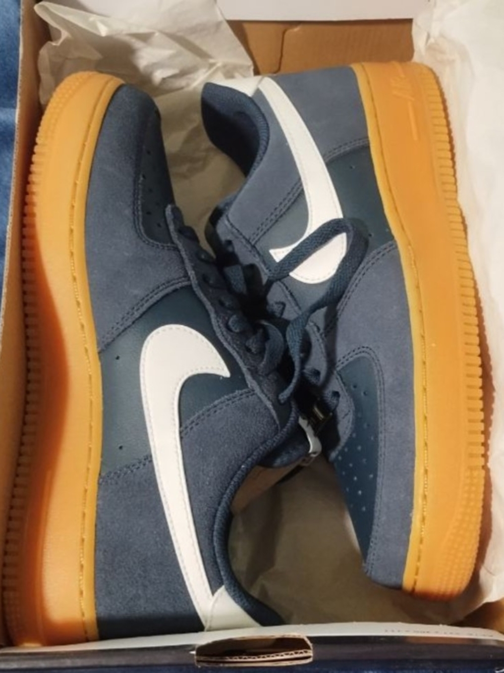Nike Air Force Men's Navy Blue Suede Sneakers with White Swoosh and Orange Sole
